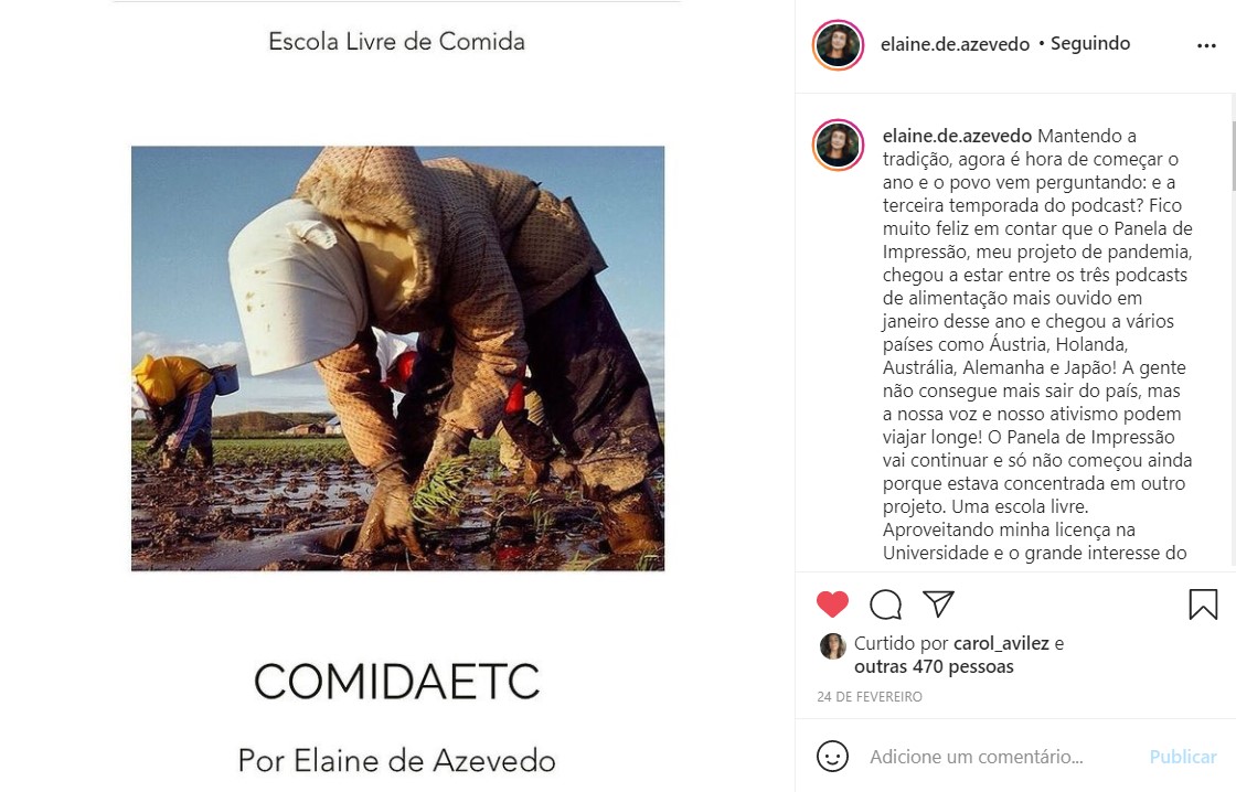 Post de Elaine de Azevedo sobre o projeto de