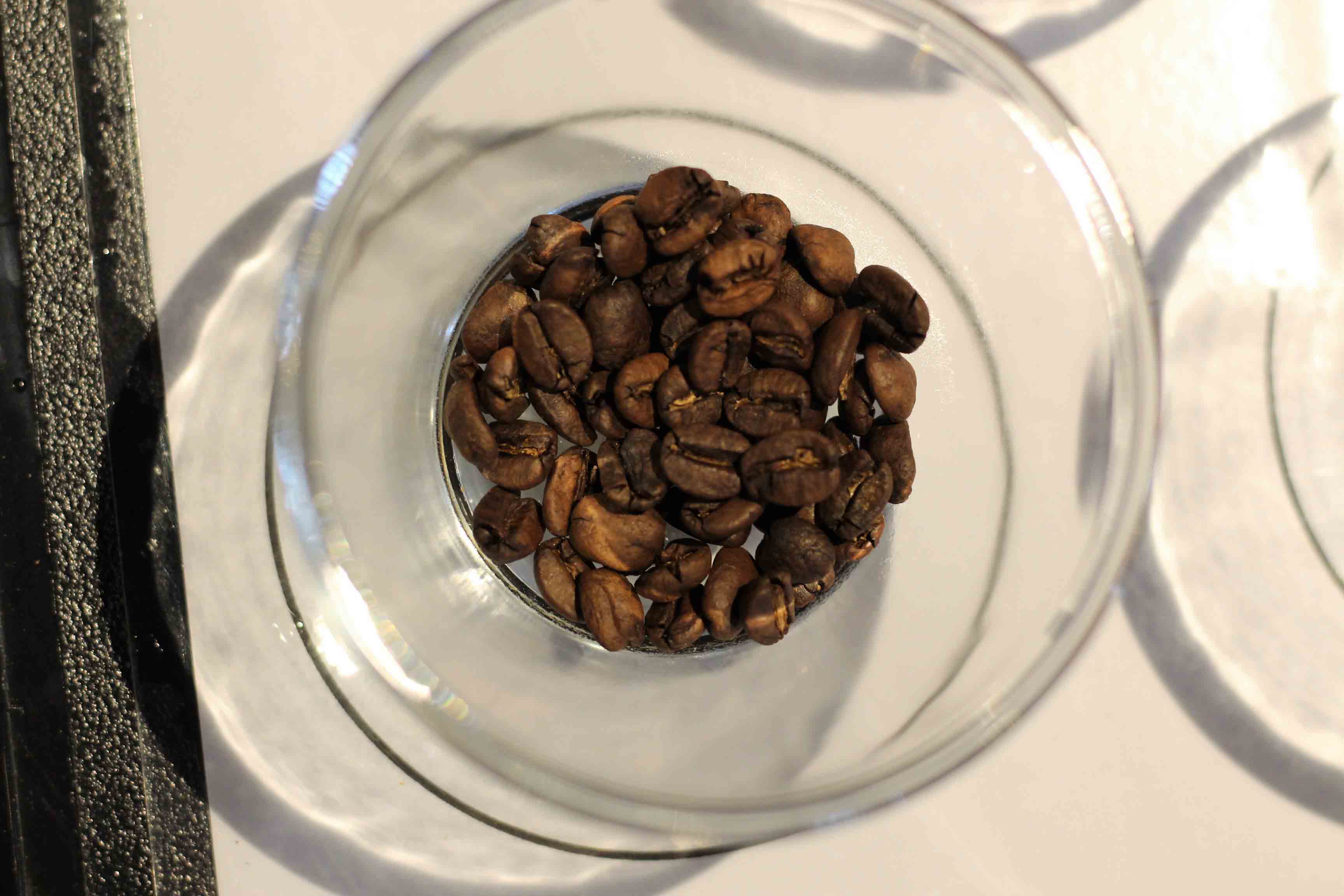 Café torrado, preparado para cupping no Virginia Coffee Roasters.